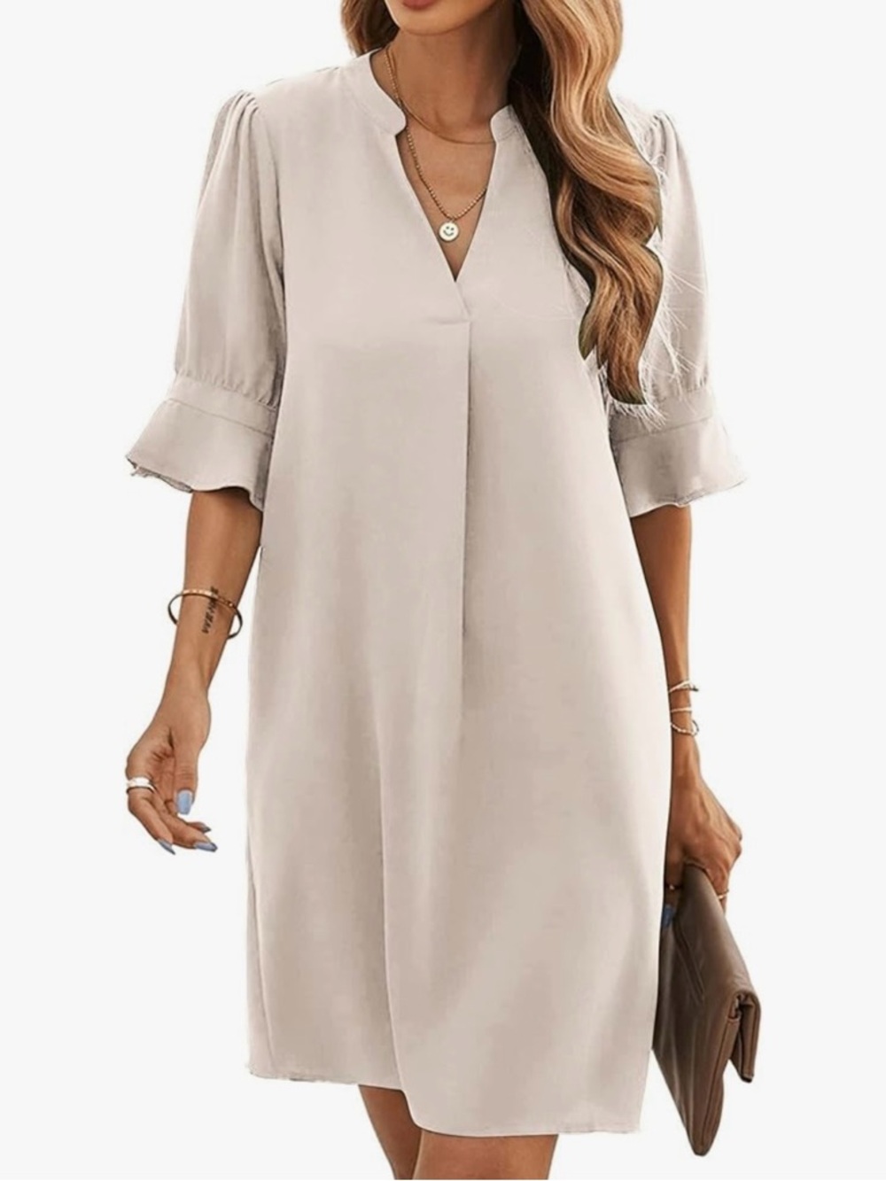 Famulily V-Neck Puff Flutter Sleeve Light Beige  Dress Size Small